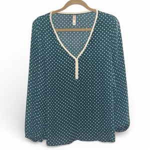Y2K Xhilaration Boho Teal & Cream Polka Dot Peasant Style Blouse Deep V-Neck XXL